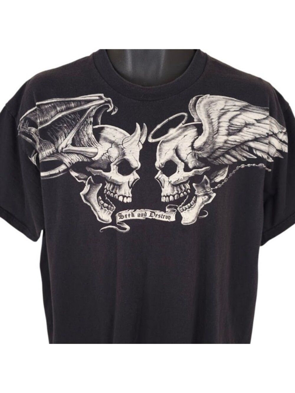 Good & Evil Skulls T Shirt Mens Size Large Black Seek & Destroy Heaven Or Hell